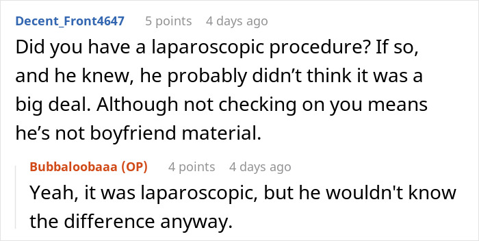 Online comments discussing a girlfriend realizing she needs a boyfriend upgrade after lack of support post-surgery.