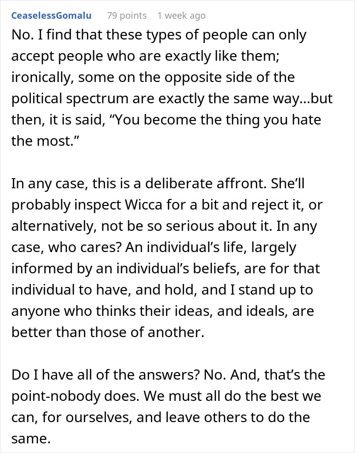 Text post discussing a mom reaching breaking point as in-laws mock daughter&rsquo;s paganism and forbidden foods.