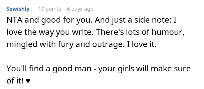 Screenshot of a comment praising a woman exposing cheaters, highlighting humor, fury, and outrage in her writing.