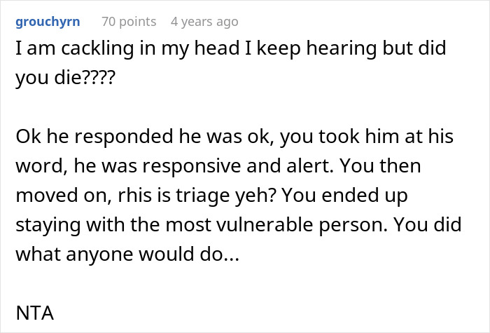 Comment discussing a guy upset his nurse girlfriend prioritized dogs and a baby during a car crash, explaining triage decisions.