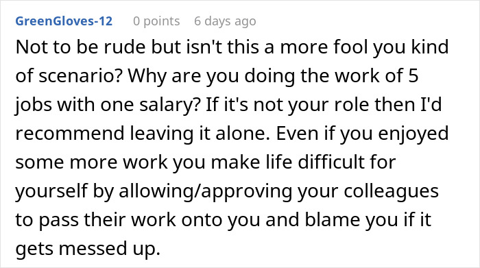 Screenshot of a comment discussing the challenges of overworking and doing the roles of multiple employees at once.