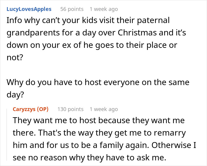 Reddit users discuss conflict over hosting a blended family Christmas involving ex's affair kids and furious in-laws.