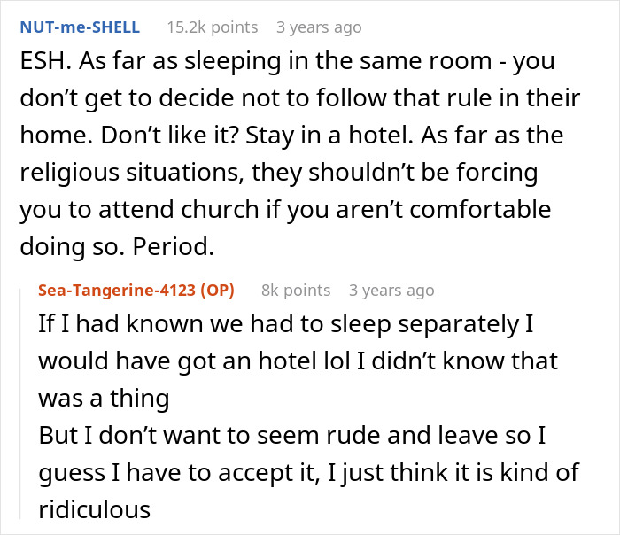 MIL making son's girlfriend sleep in different room, disagreement over praying and attending church expectations.