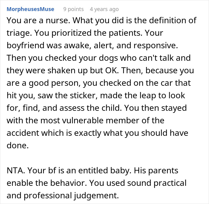 Comment explaining nurse's triage decision prioritizing dogs and baby during car crash, addressing upset boyfriend.