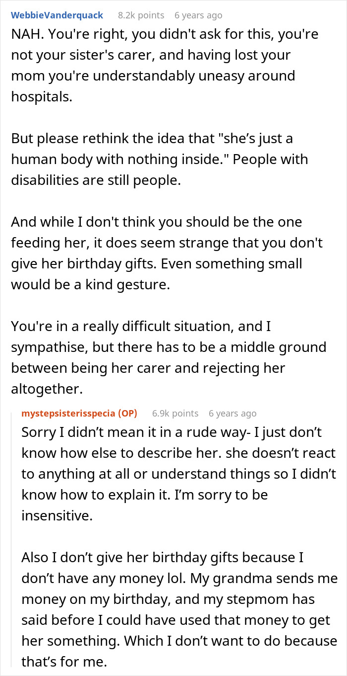 Text conversation showing a sad teen refusing to visit their special needs stepsister in the hospital.