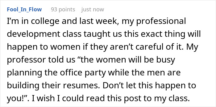 Reddit comment discussing workplace gender roles and the impact of refusing unpaid party planning and snack stocking tasks.