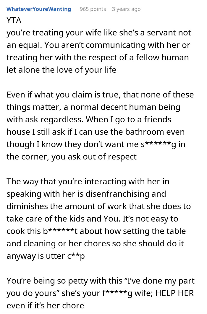 Screenshot of a text comment criticizing a man expecting his wife to cook for guests, calling out unfair treatment.