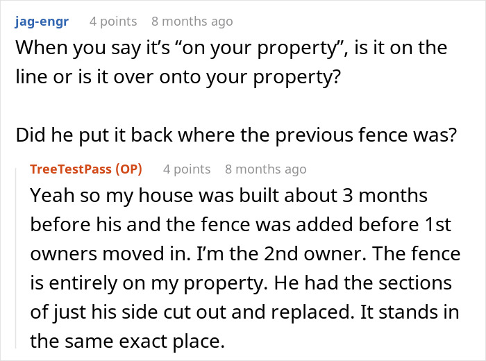 Screenshot of online discussion about a man refusing to pay $2000 after neighbor replaces rotten fence without agreement.