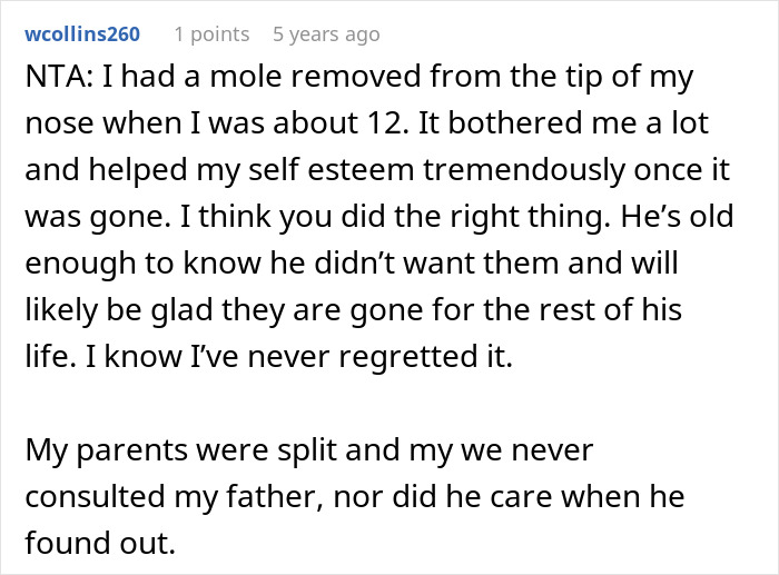 Comment discussing mole removal from 12-year-old boy, mentioning cosmetic surgery and parental approval without asking.