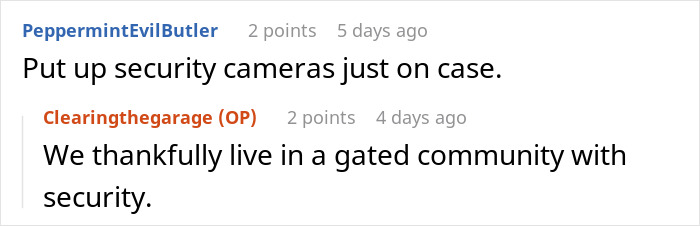 Screenshot of a Reddit conversation discussing security measures in a gated community with cameras and protection. Screenshot of a Reddit conversation discussing security measures in a gated community with cameras and protection.