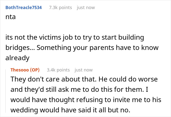 Screenshot of a Reddit conversation about a golden child brother expecting free meals and sibling refusal causing conflict.
