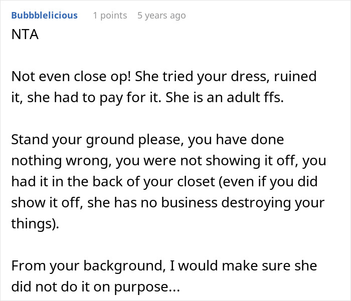 Screenshot of an online comment discussing a sister playing dress up with a fancy bridal gown and related conflict.