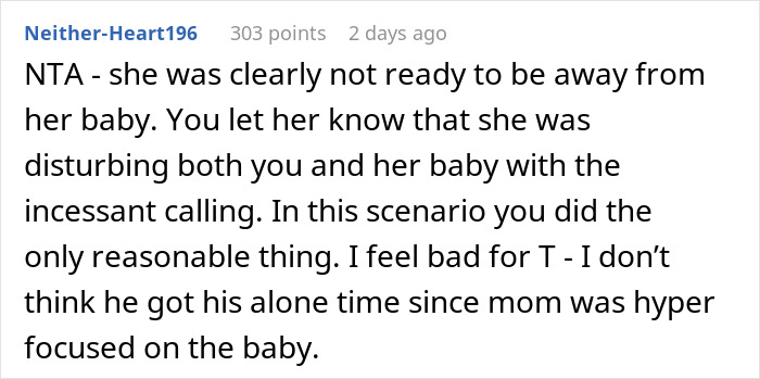 Comment discussing a friend agreeing to babysit overnight while the mom panics and calls frequently.