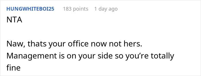 Reddit comment discussing a woman expecting her private office back after working from home for 2 years.