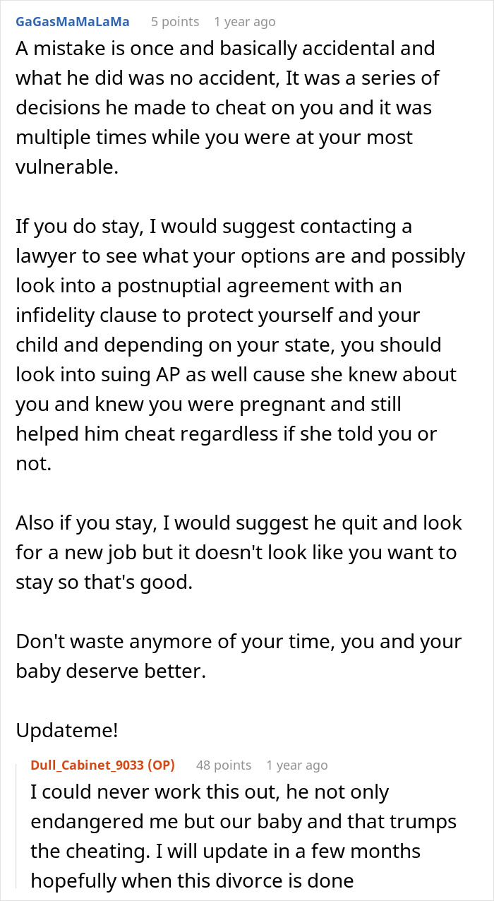 Text conversation about man cheating during wife&rsquo;s pregnancy and postpartum, discussing infidelity and protection options.