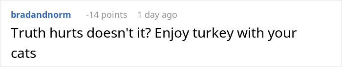 Reddit comment expressing embarrassment and wanting to skip Thanksgiving after mom’s unhinged text about turkey and cats. Reddit comment expressing embarrassment and wanting to skip Thanksgiving after mom’s unhinged text about turkey and cats.