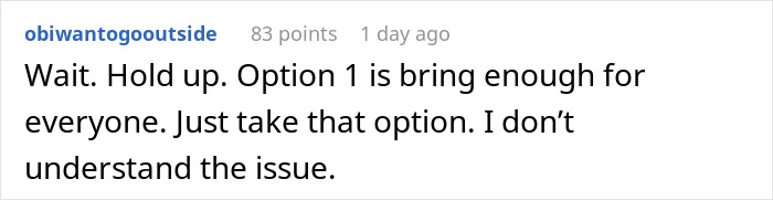 Screenshot of a social media comment suggesting to bring enough food for everyone, related to refusing to bring expensive food at Thanksgiving.
