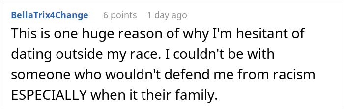 Commenter expressing hesitation about interracial dating due to lack of family support against racism in a social media thread. Commenter expressing hesitation about interracial dating due to lack of family support against racism in a social media thread.