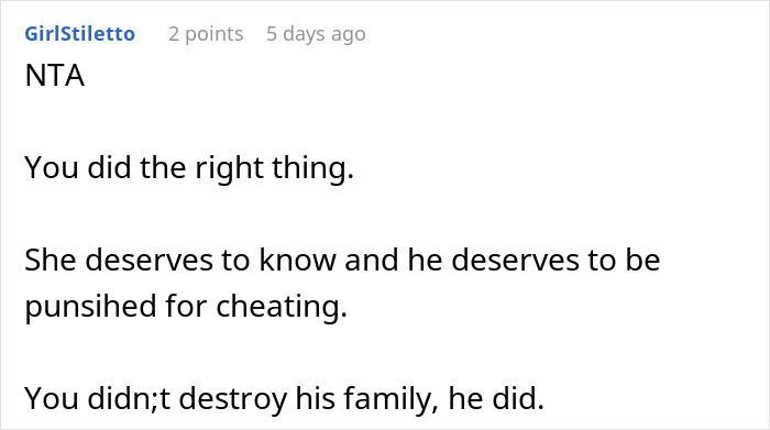 Comment from user GirlStiletto supporting woman who exposes cheating boyfriend with family receipts and feels guilty about it.