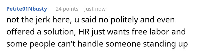 Screenshot of a forum comment discussing an analyst refusing free labor and how HR reacted negatively.