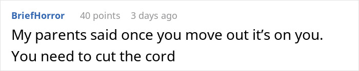 Screenshot of an online comment about parents advising financial independence after moving out, relating to husband retirement children finances.