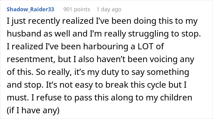 Comment discussing the challenges faced by a woman trying to stop treating her husband like a kid, highlighting relationship struggles.