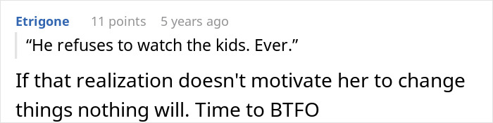 Comment discussing refusal to watch clingy children and motivation to change in a vacation context.