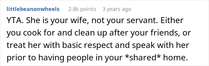 Screenshot of a Reddit comment calling out a man for expecting his wife to cook when he invites guests over.
