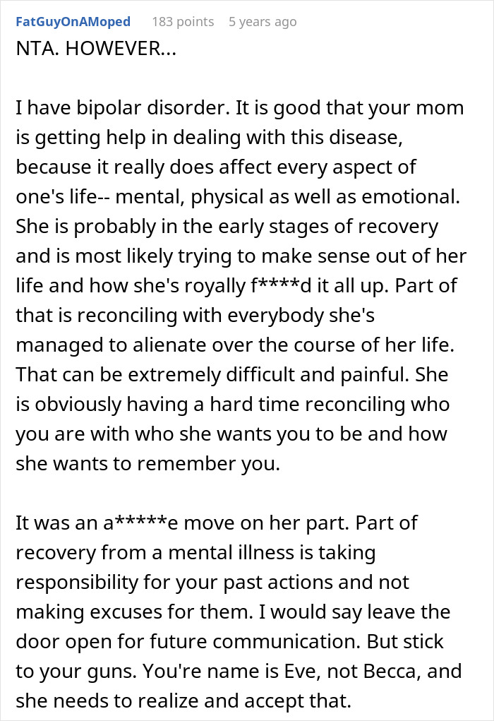 Comment discussing a mom throwing a fit over daughter changing her name and going no contact due to it. Comment discussing a mom throwing a fit over daughter changing her name and going no contact due to it.
