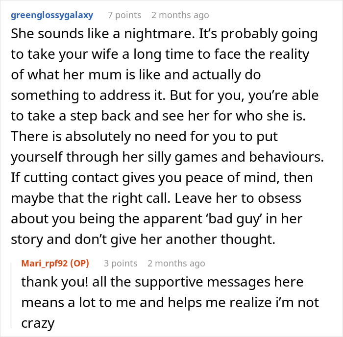 Comments from a forum discussing a MIL playing the victim while family cuts contact with gay couple for peace of mind.