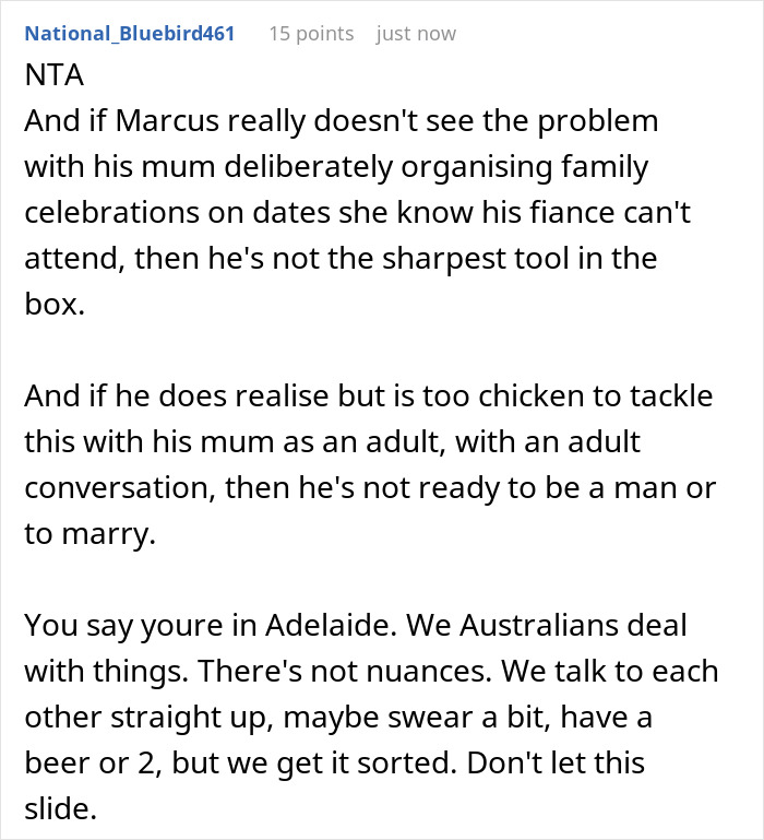 Comment discussing future MIL scheduling family events on working days, causing fiancee to stop attending.