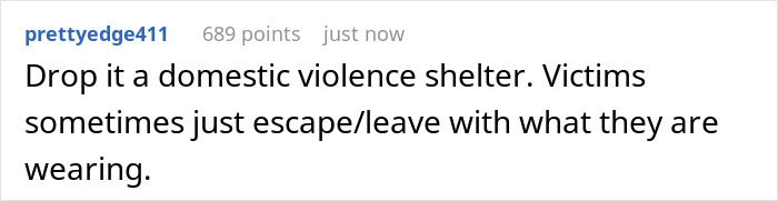 Comment discussing the importance of donating to domestic violence shelters for victims who leave with minimal belongings.