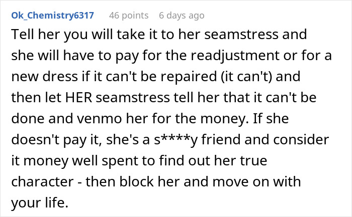 Screenshot of a forum comment discussing a woman refusing to pay $90 for a borrowed dress she altered without permission.