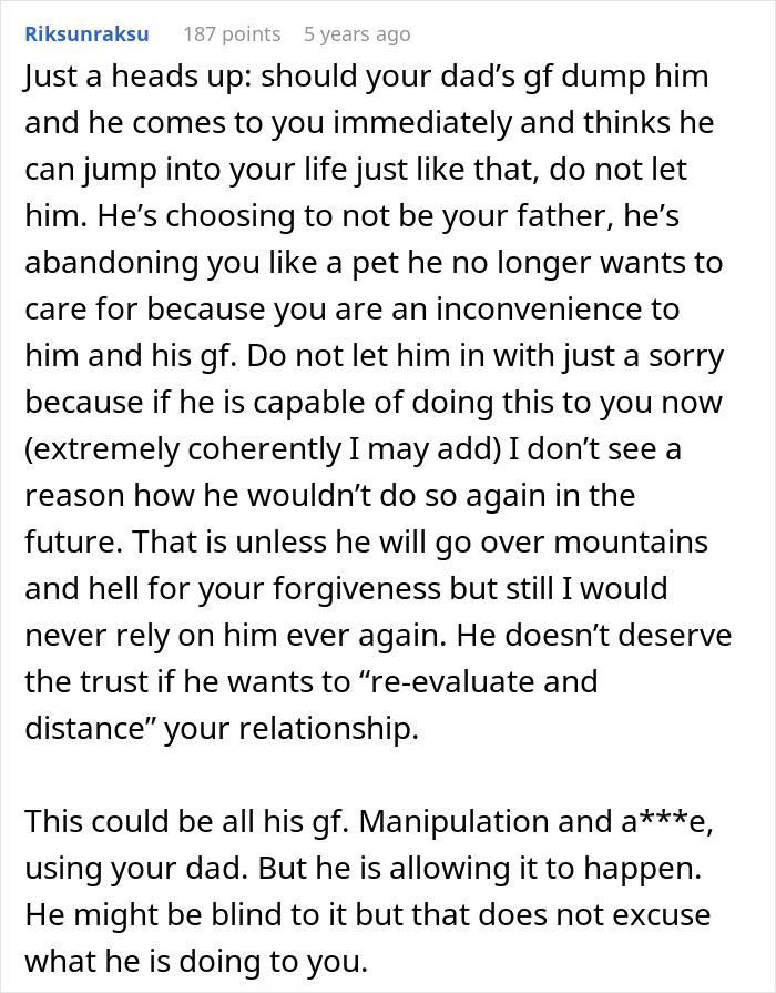 Comment text warning about teen abandonment after dad chooses girlfriend, discussing trust and manipulation risks.