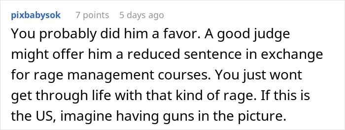 Comment text discussing rage management and potential sentencing related to parking lot psycho attacks with a shopping cart.