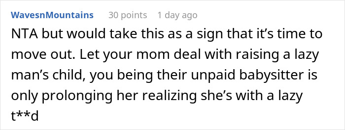 Screenshot of a forum comment discussing frustration about being treated as an unpaid babysitter for a lazy man&rsquo;s child.