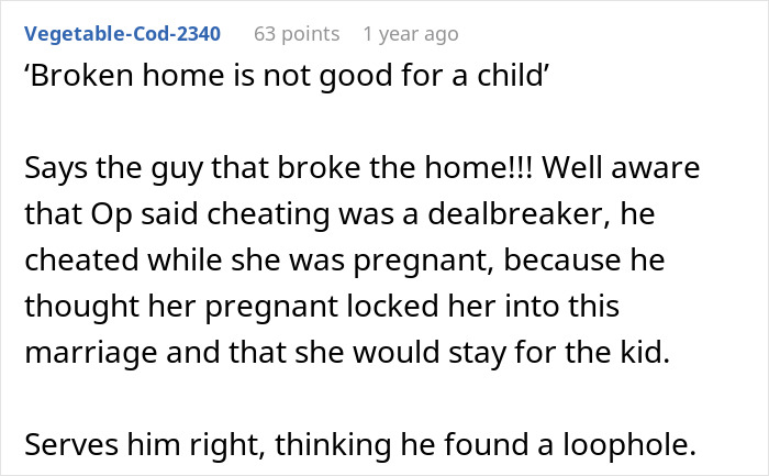 Comment discussing man cheating during wife's pregnancy and postpartum, causing a broken home as she leaves.