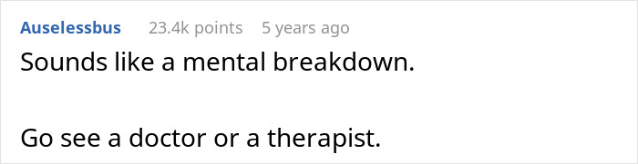 Screenshot of a Reddit comment expressing concern about a mental breakdown and recommending seeing a doctor or therapist.