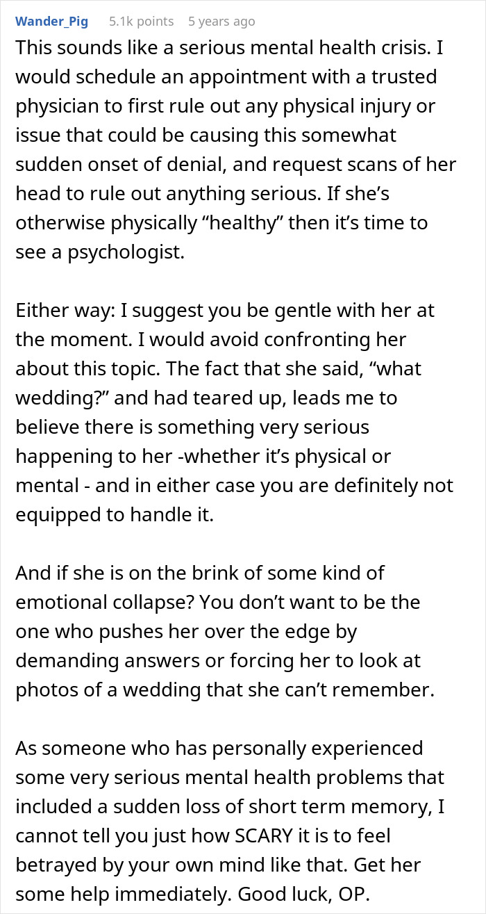 Comment explaining husband's bewilderment at wife seemingly forgetting their wedding, highlighting mental health concerns.