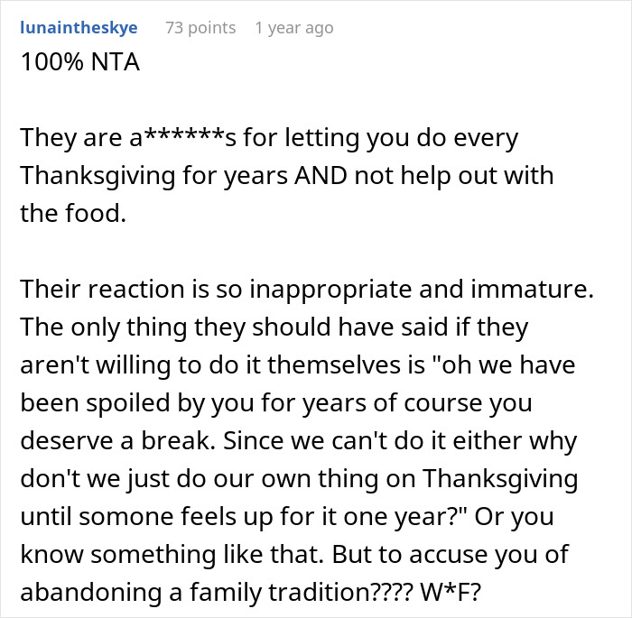 Screenshot of a Reddit comment defending a woman asking for a break from hosting a traditional family Thanksgiving.