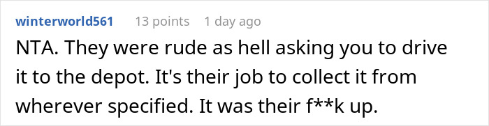 Screenshot of a Reddit comment criticizing a company's rude request to return packages sent to the wrong address.