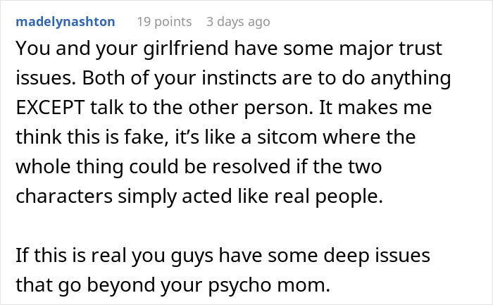 Comment discussing trust issues after man cuts ties with mother who revealed true colors through texts to his girlfriend.