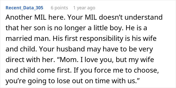 ALT text: Text discussing a MIL's struggle with her son choosing his wife and baby over her, highlighting selfish and possessive behavior.