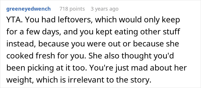 Screenshot of a comment discussing a man snapping at his girlfriend after she ate all the leftovers, mentioning weight gain.