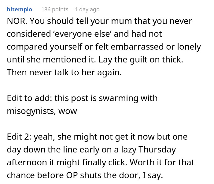 Reddit comment discussing embarrassment and guilt in relation to a woman wanting to skip Thanksgiving after mom’s unhinged text. Reddit comment discussing embarrassment and guilt in relation to a woman wanting to skip Thanksgiving after mom’s unhinged text.