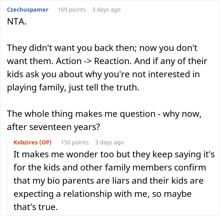 Commenters discuss parents wanting their abandoned son to play a happy family with his siblings after 17 years.