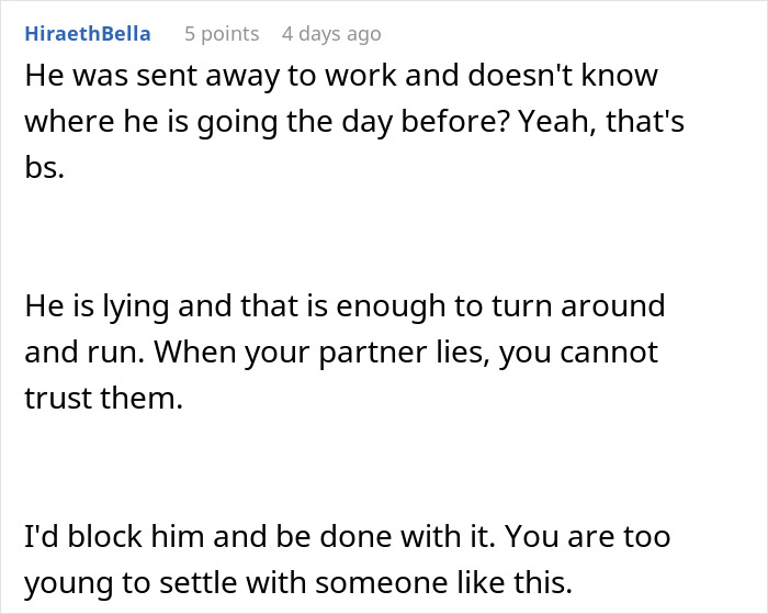 Comment discussing a suspicious work trip where a man is clearly blocked and the girlfriend questions trust in their relationship.