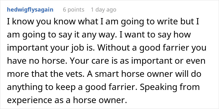 Reddit comment praising the important job of a farrier, highlighting respect from a horse owner’s perspective. Reddit comment praising the important job of a farrier, highlighting respect from a horse owner’s perspective.