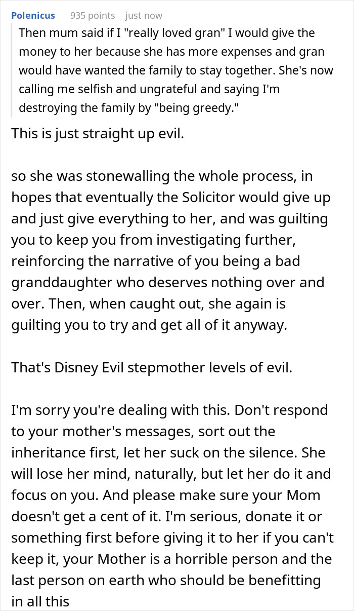 Screenshot of a discussion about a mom preventing solicitor contacting daughter regarding grandma’s inheritance. Screenshot of a discussion about a mom preventing solicitor contacting daughter regarding grandma’s inheritance.