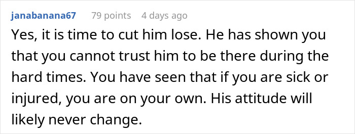 Screenshot of an online comment advising a girlfriend to upgrade her boyfriend after he fails to call or visit post-surgery.